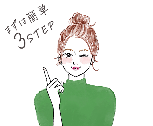 緑の服の女性が「まずは簡単3STEP」と言っている絵」