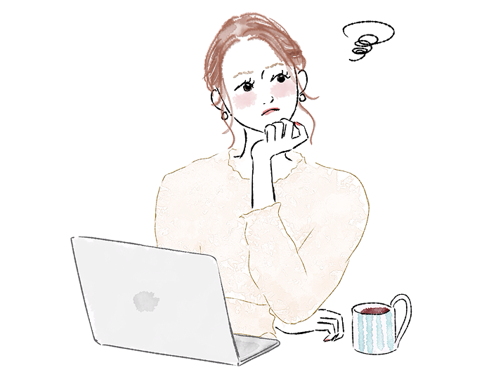 パソコンの前で悩んでいる女性の絵